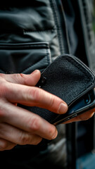 Close up of a man's hand putting a smartphone into a black Faraday bag.