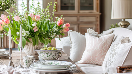 Spring flowers in vintage vase, beautiful floral arrangement, home decor, wedding and florist design