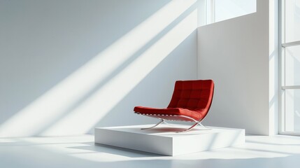 Modern Red Lounge Chair on White Cube Platform in Minimalist Room with Skylight, Product Photography Concept