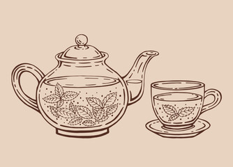 Tea set with healthy green tea, mint leaves. Teapot and cup. Hand drawn vector illustration in outline style.