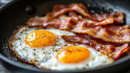 A close-up of a frying pan with a crispy breakfast bacon and eggs, showcasing the well-seasoned surface and the deliciously cooked food.