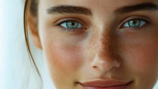 Crystal Clear Gaze: A young woman with captivating blue eyes and freckled skin radiates natural beauty in a close-up portrait. 