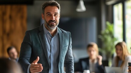 Fototapeta premium Confident Leadership: A mature, charismatic businessman extends his hand in a gesture of welcome and collaboration, radiating confidence and professionalism. 