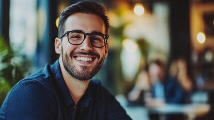 Fototapeta premium Radiant Smile: A confident young man with a genuine smile, wearing glasses and a blue shirt, exudes happiness and positivity in a casual setting