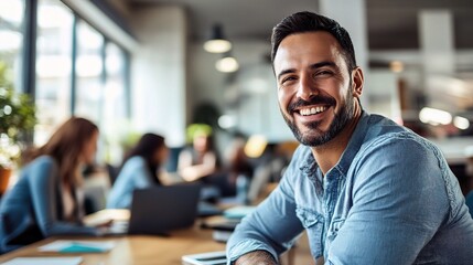 Obraz premium Confident Professional in Modern Office: A charismatic businessman radiates success in a bustling office environment