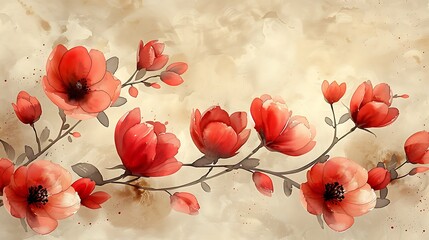 An elegant watercolor pattern showcasing cherry blossoms and tulips, painted in soft, vibrant hues, seamlessly integrated in a flowing arrangement with delicate textures and smooth transitions, creati