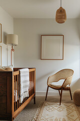 Mockup of a blank white poster frame on the wall in a mid century modern nursery room with cot, chair, arpeted floor,
