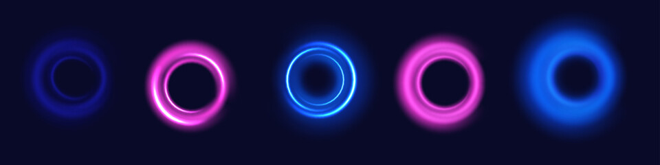 Rounded neon line with light effect. Energy flow tunnel. Blue portal, platform. Night road speed illustration.