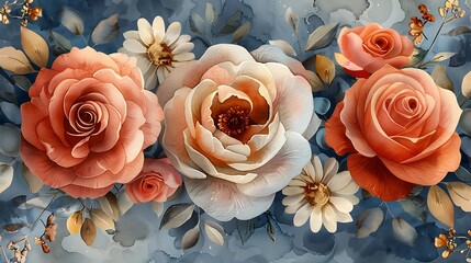 A beautiful watercolor pattern featuring bouquets of roses, peonies, and daisies, seamlessly integrated with gentle stems and leaves, painted in soft pastel colors, with intricate flower details and s
