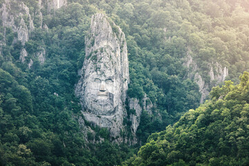 Decebal's rock carving along the Danube Gorge, depicting the ancient Serbian king in a dramatic cliffside setting