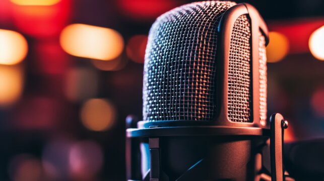 A close-up of a microphone covered with a pop filter, with a focus on the mesh and the clear sound quality it ensures, emphasizing the technical aspect of recording. - Powered by Adobe