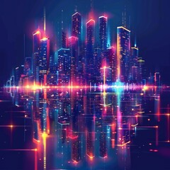 Obraz premium Vector illustration urban architecture, cityscape with space and neon light effect. Modern hi-tech, science, futuristic technology concept. Abstract digital high tech city design for banner background