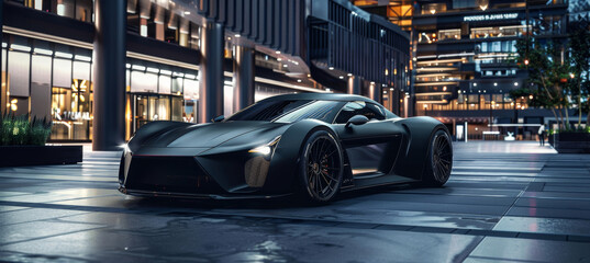 Luxurious Matte Black Sports Car Parked in Upscale Urban Environment at Night