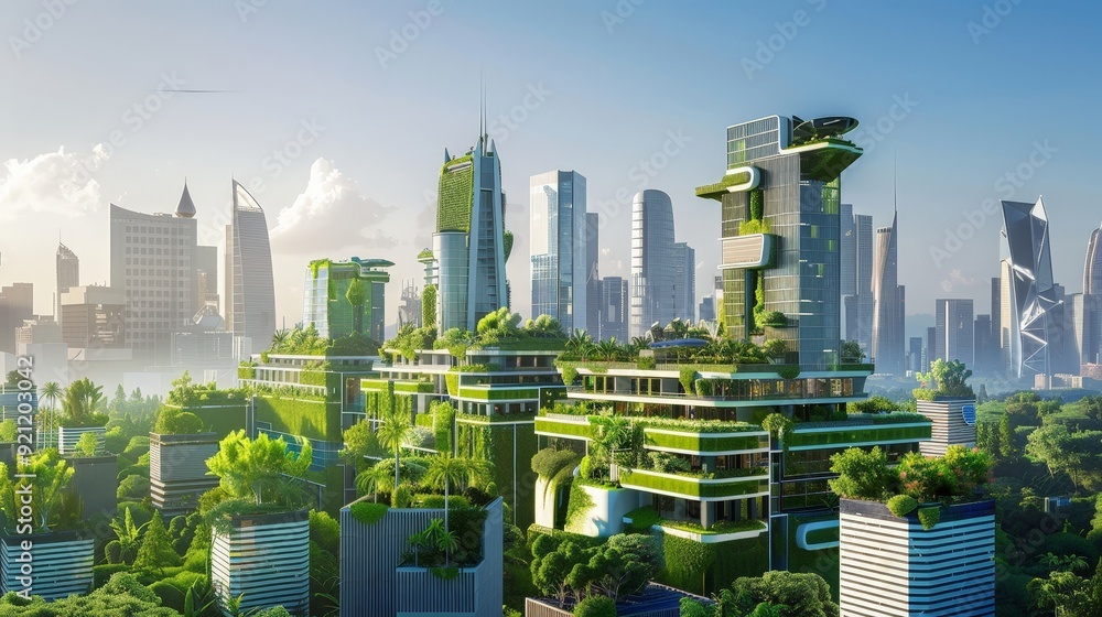 Canvas Prints A futuristic smart city skyline, with innovative skyscrapers featuring green roofs and solar panels, highlighting sustainable urban development.