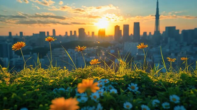 beautiful cityscape aerial view perspective with morning sunrise light, grass field with white yellow daisy as foreground