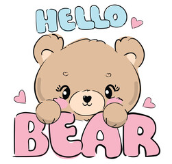 Teddy bear vector hand drawn illustration, cute print design for kids 