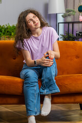 Young woman suffer from painful severe knee joint ache, leg muscles hurt, could not walk. Adult...