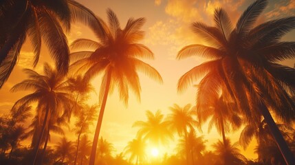 Sunset over palm trees on a tropical beach, casting warm golden hues into the sky