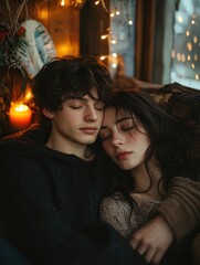 Embracing Love: Non-binary Person and Partner Sharing Intimate Moment in Candlelit Cozy Room