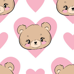 seamless pattern with teddy bears and hearts hand drawn cute kids print
