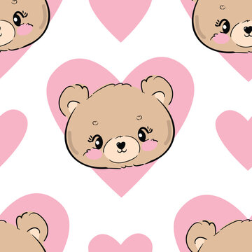 Fototapeta seamless pattern with teddy bears and hearts hand drawn cute kids print