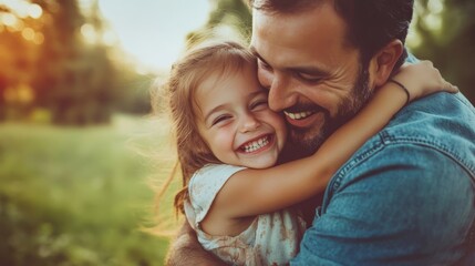 Fototapeta premium Father and daughter sharing a warm embrace in a sunlit outdoor setting, highlighting love and family connection