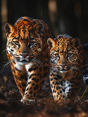 Fototapeta premium A Panther and a Leopard Walking Side by Side on a Bold Red Background