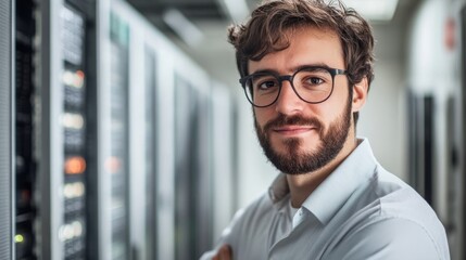 Young IT technician with glasses standing confidently in a server room, representing modern technology and data management