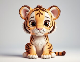Cute cartoon tiger with big eyes Animation style 3d render of a baby tiger with a soft smiling face Asian animal Good for print for clothing, stationery, books, children's products