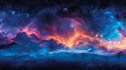 Fototapeta premium A captivating watercolor pattern of a dreamy night sky, featuring twinkling stars, vibrant planets, and swirling nebulas in rich blues and purples, seamlessly integrated with smooth transitions and de