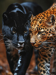 Obraz premium A Panther and a Leopard Walking Side by Side on a Bold Red Background