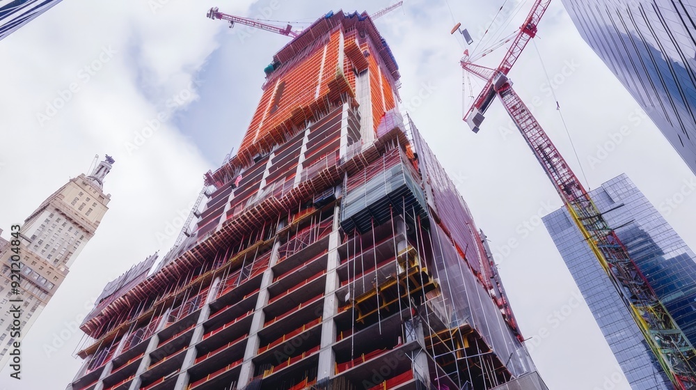 Poster a modern skyscraper under construction, with towering cranes and scaffolding enveloping the structur