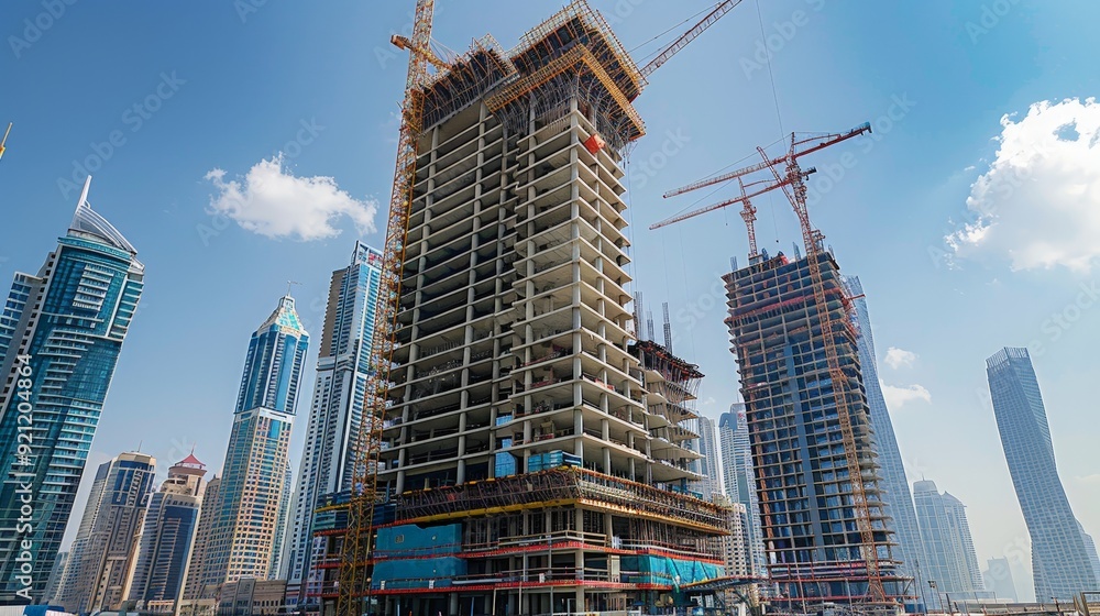 Poster a modern skyscraper under construction, with towering cranes and scaffolding enveloping the structur
