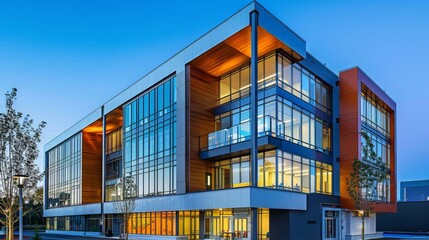 Fototapeta premium A modern school building facade showcasing architectural excellence and functionality.