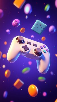 Playful White Game Controller Floating in Cartoonish Surroundings on Vibrant Purple Background