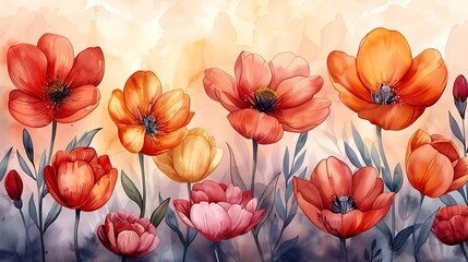 A captivating watercolor pattern of spring blossoms, featuring cherry blossoms and tulips in vibrant colors, arranged in a seamless design with gentle gradients and intricate details, creating a livel