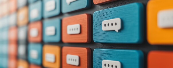 Colorful wooden tiles with speech bubbles.