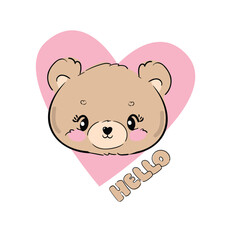 Fototapeta premium Teddy bear and heart vector hand drawn illustration, cute print design for kids 