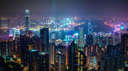 A night view of a city, with buildings illuminated by countless lights, creating a stunning display against the dark sky.