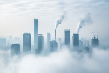 Fototapeta premium tall buildings shrouded in thick smoke and white clouds rising from the chimneys. The cityscape is visible through the misty atmosphere, environmental pollution. 