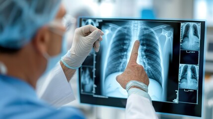 A doctor intently looks at a patient's chest X-ray displayed on a computer screen, pointing out important areas for diagnosis and treatment in a medical facility.