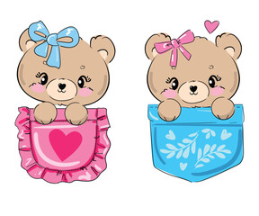 Cute Bear sitting in a pocket vector Sketch, Print Design, children print on t-shirt. Hand Drawn