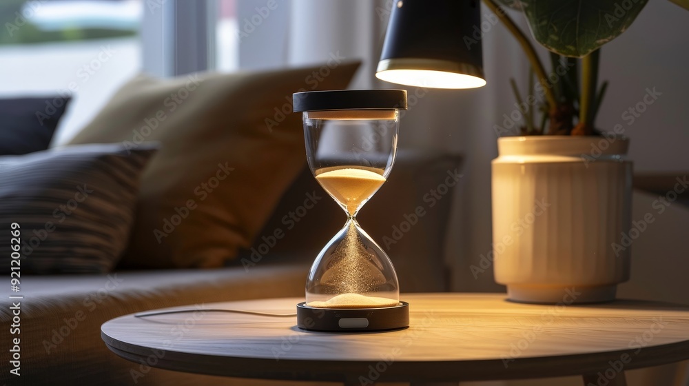 Poster a sand clock with a built-in led light, illuminating the sand as it flows, creating a serene and cal