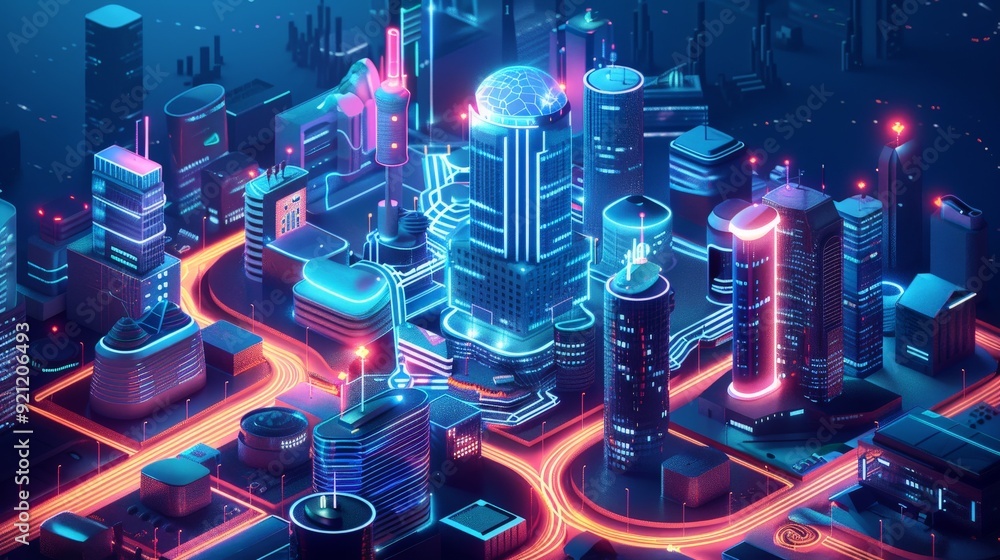 Wall mural A futuristic isometric city featuring advanced architecture, smart buildings, and innovative urban planning, representing the city of tomorrow.