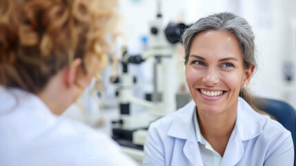 A smiling female doctor engaging in a conversation with a patient in a medical setting, representing professionalism, care, empathy, and a friendly atmosphere in healthcare.