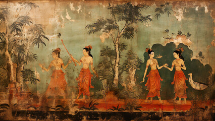 Fototapeta premium Ta Keo - painting, mural, art, women, traditional, ancient, historical, nature, forest, costume, cultural, antique, Asian art, dance, peacock, elegant
