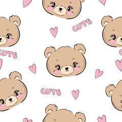Obraz premium Seamless pattern with cute Teddy Bear and pink heart vector, Kids trend print