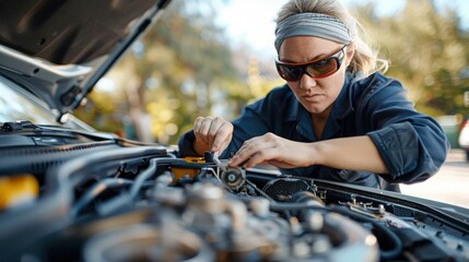 An intense mechanic wearing sunglasses is working on a car outdoors, emphasizing concentration, expertise, and commitment to delivering quality automotive repair and maintenance services.