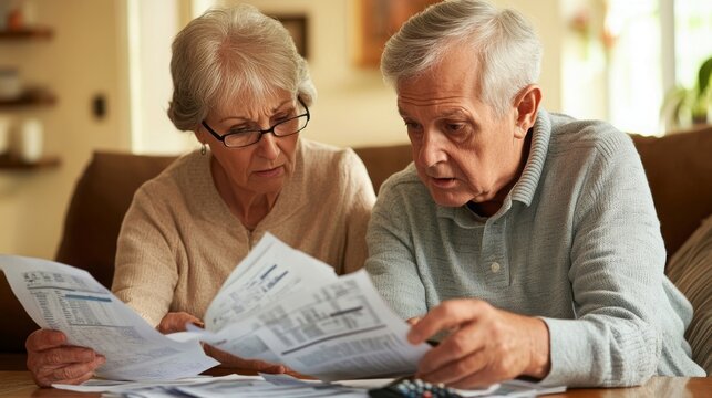 An elderly couple looking concerned as they review documents at a table, symbolizing financial concerns, health issues, or serious decisions.