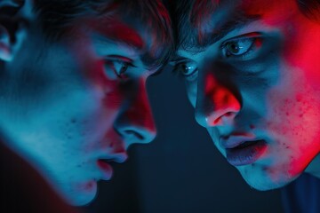 Man's reflection in mirror with dramatic red and blue lighting